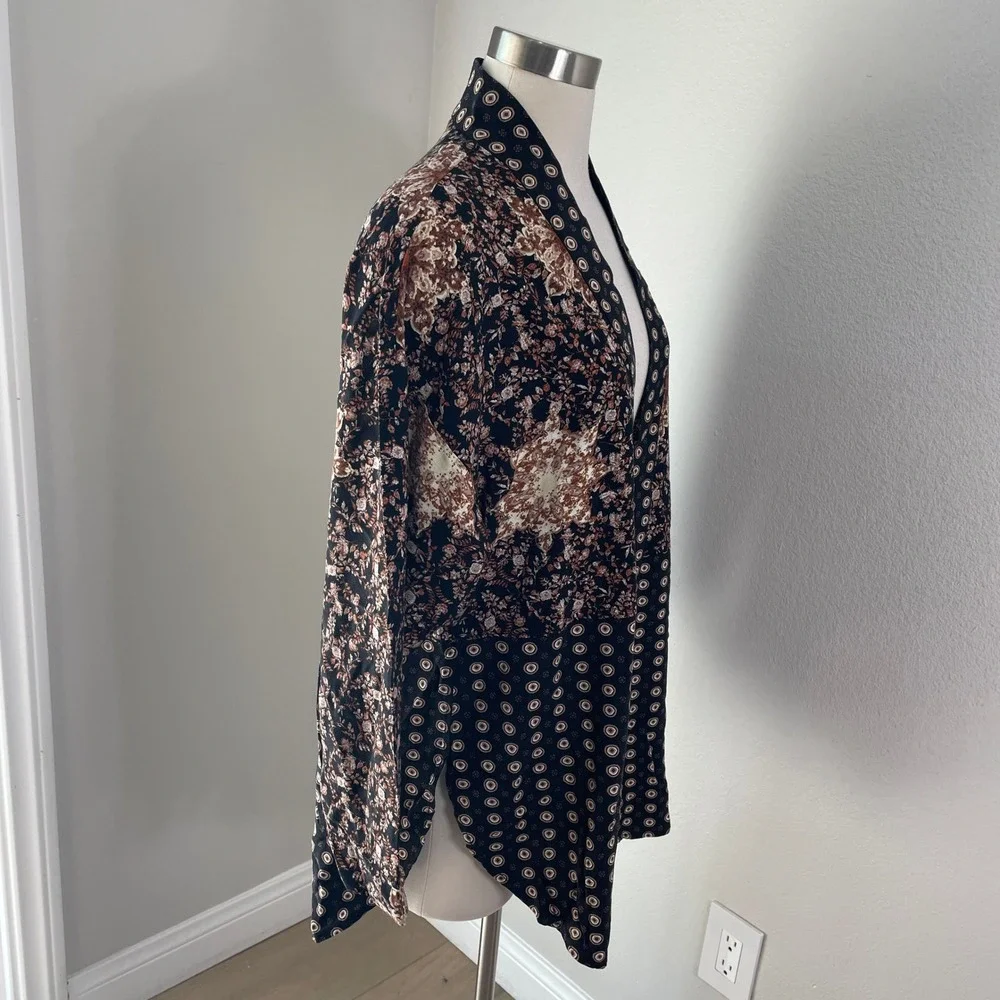 Free People‎ Womens XS Mixed Floral Geometric Kimono Cardigan Black Brown Boho